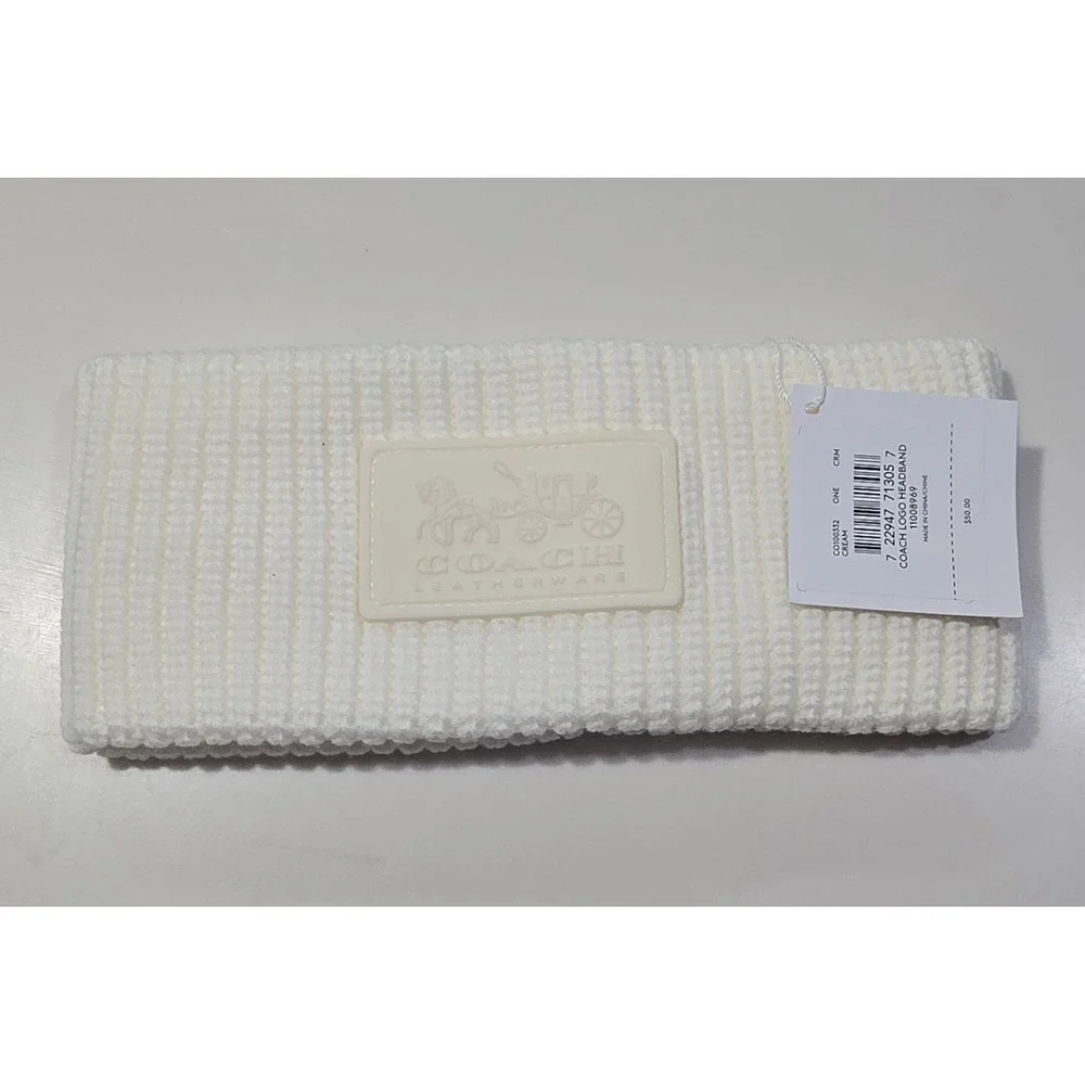 Coach Logo Headband Cream Acrylic Knit Ribbed Comfort Warm‎